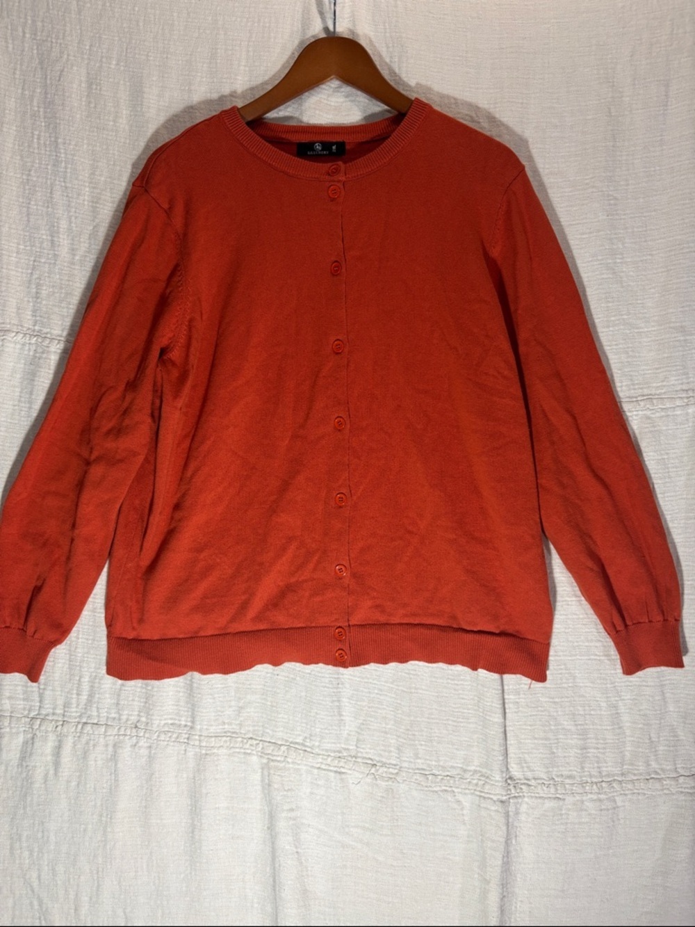 Button-Front Lightweight Crewneck Cardigan in Orange 100% Cotton